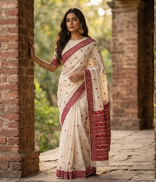 The Amritsar Store Phulkari Saree – Hand Embroidered Off-White Fabric with Red and Maroon Accents