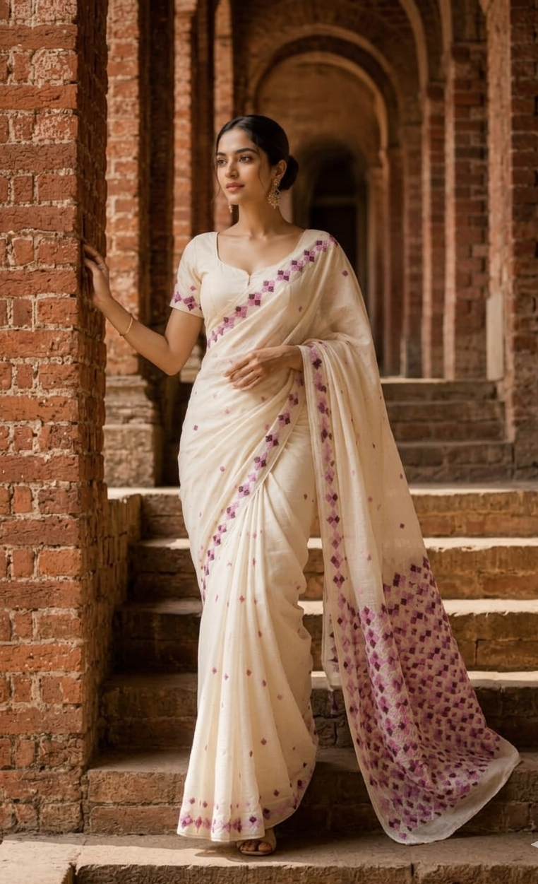 Hand embroidered off white Punjabi Phulkari saree with traditional multicolor Phulkari embroidery