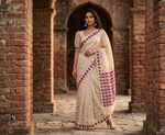 Hand embroidered off-white Punjabi Phulkari saree for women featuring traditional geometric embroidery and heritage craftsmanship.
