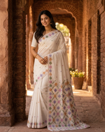 Hand embroidered off white Phulkari saree for women featuring traditional Punjabi embroidery and artisanal craftsmanship