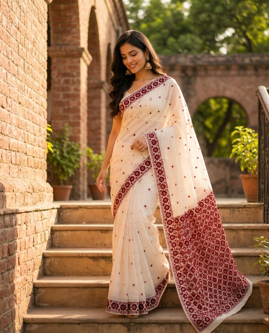 Hand embroidered off white Phulkari saree with traditional Punjabi craftsmanship