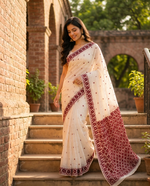 Hand embroidered off white Phulkari saree with traditional Punjabi craftsmanship