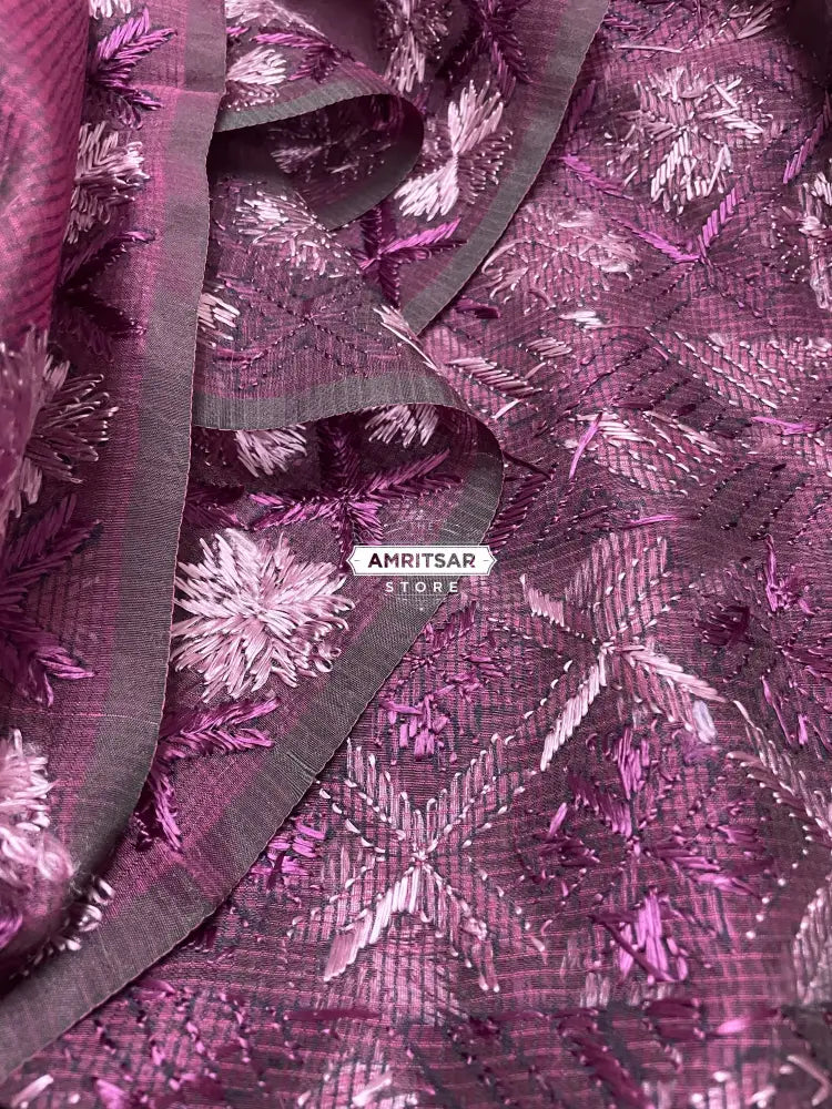 Phulkari Saree Hand Embroidered on Purple by Phulkari Trunk Phulkari