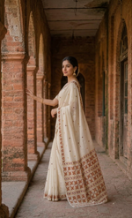 Hand embroidered Phulkari saree with maroon and gold embroidery, showcasing traditional Punjabi craftsmanship for women.
