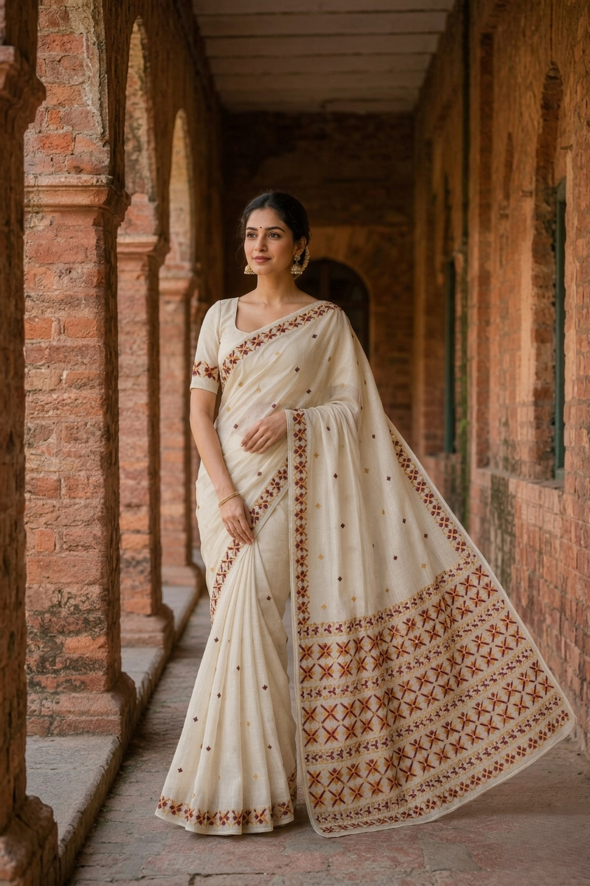Hand embroidered Phulkari saree with maroon and gold embroidery, showcasing traditional Punjabi craftsmanship for women.