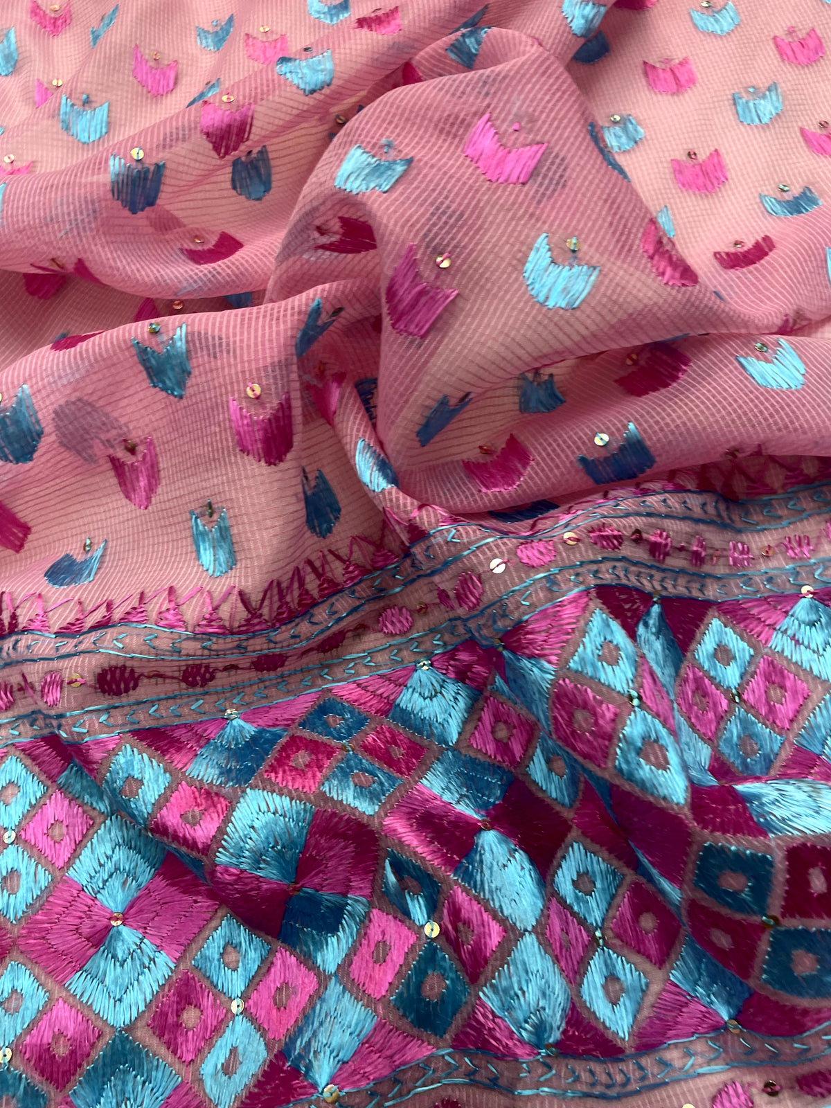 Hand embroidered pink Phulkari dupatta with blue and magenta Punjabi threadwork and traditional ethnic design by The Amritsar Store