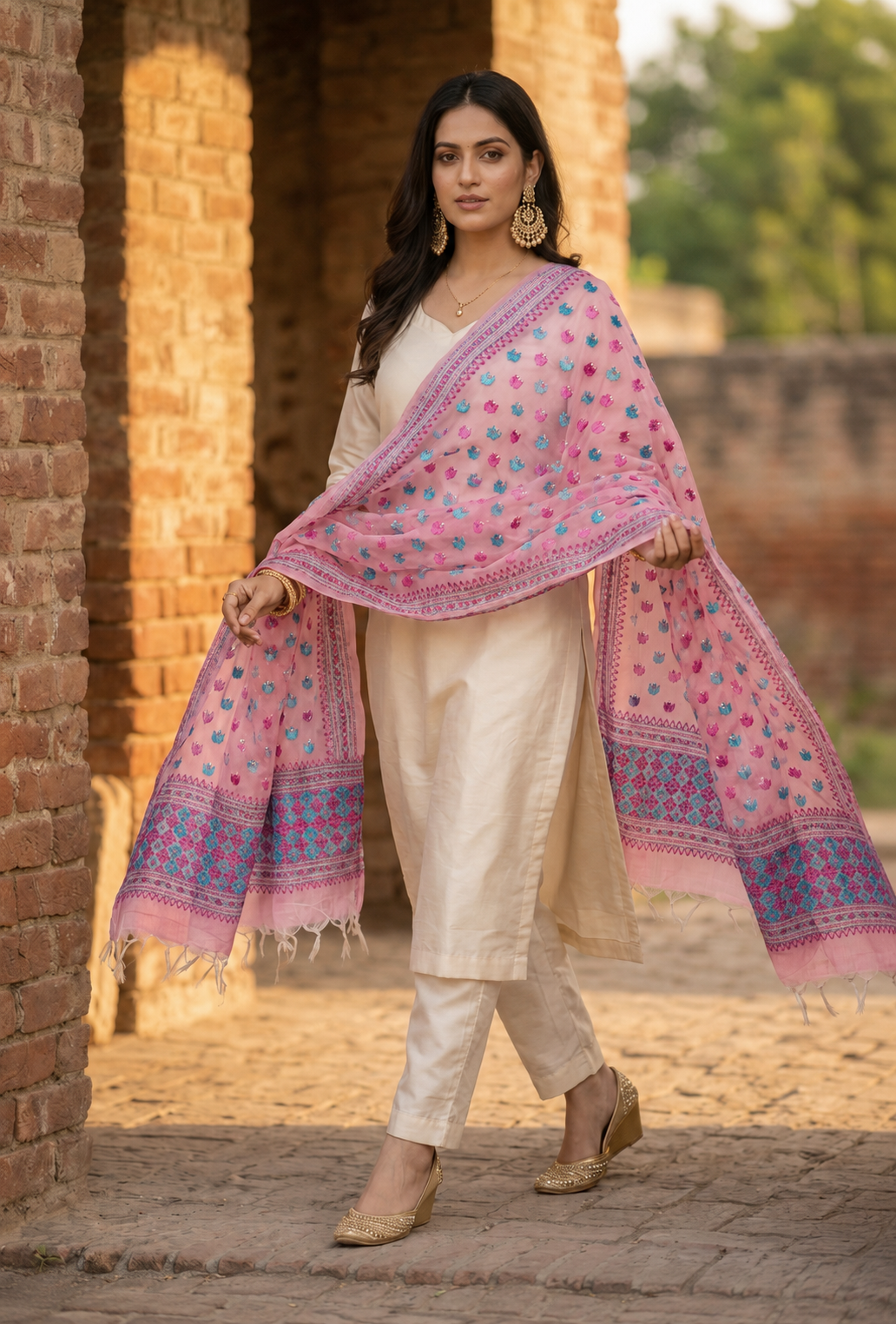 Hand embroidered pink Phulkari dupatta with blue and magenta Punjabi threadwork and traditional ethnic design by The Amritsar Store