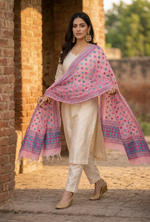 Hand embroidered pink Phulkari dupatta with blue and magenta Punjabi threadwork and traditional ethnic design by The Amritsar Store