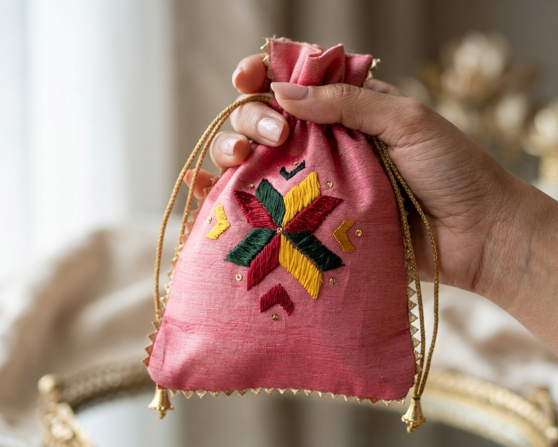Traditional Punjabi pink potli bag with golden lace and detailed embroidery