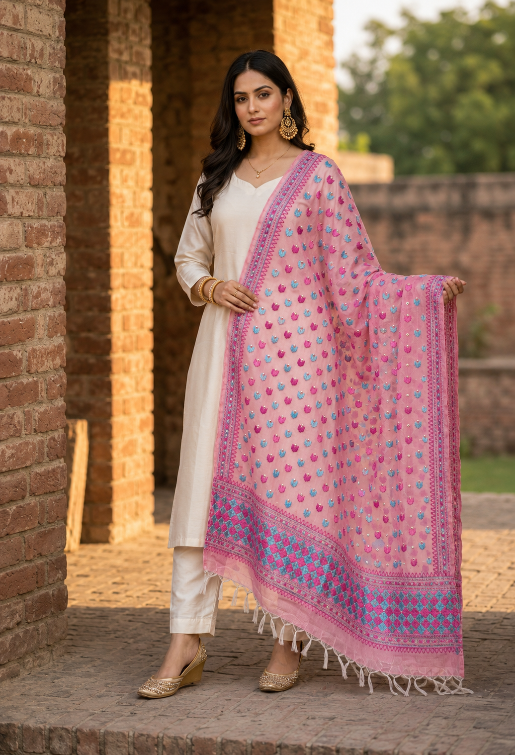 Hand embroidered pink Phulkari dupatta with blue and magenta Punjabi threadwork and traditional ethnic design by The Amritsar Store