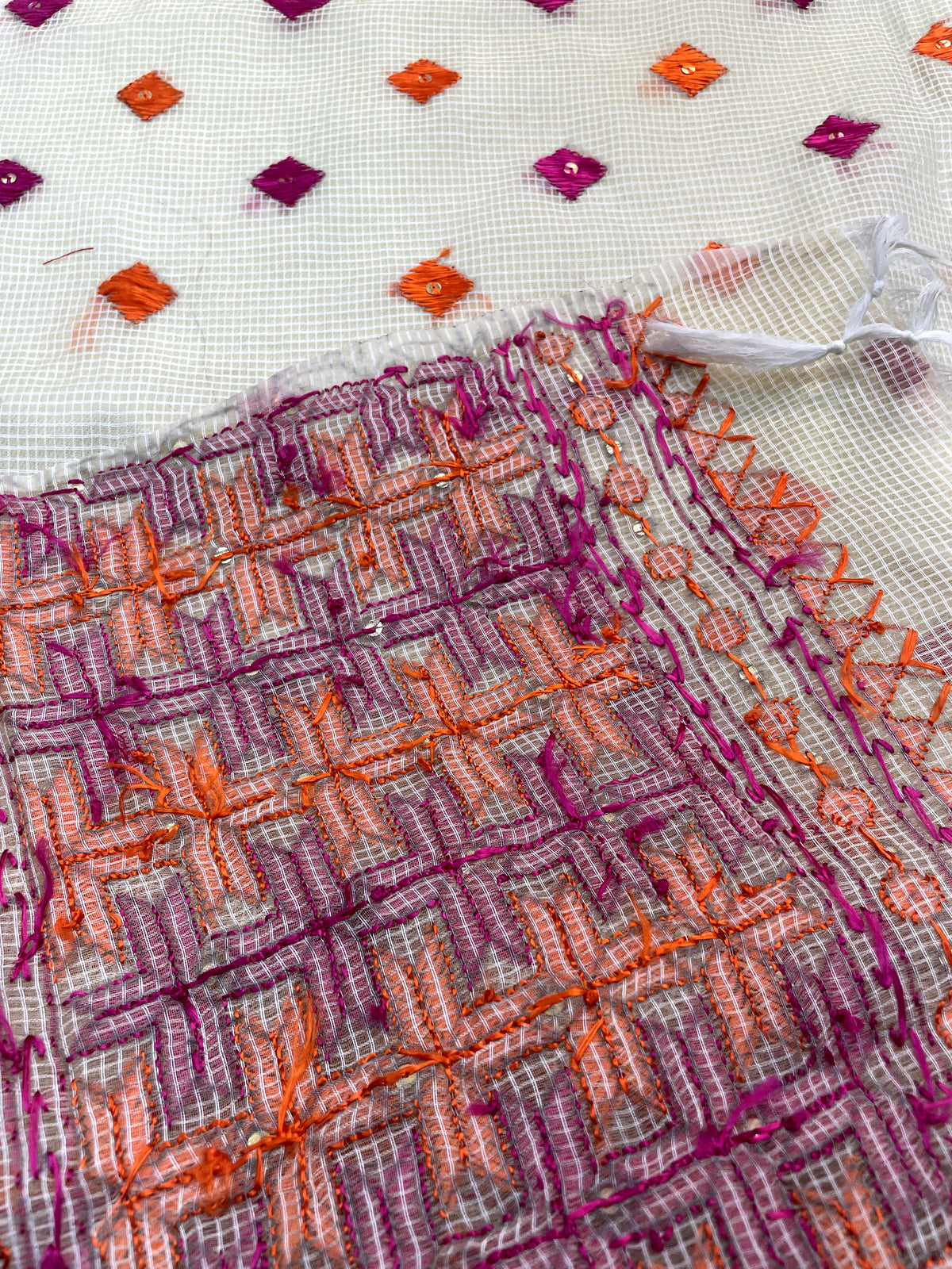 Orange and pink hand embroidered Phulkari dupatta for women with traditional Punjabi floral embroidery, lightweight ethnic festive wear by