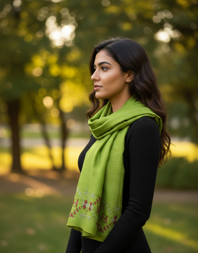 The Amritsar Store Phulkari hand embroidered green shawl with magenta border showcasing traditional Punjabi craftsmanship