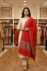 The Amritsar Store red Kashmiri embroidery pure wool handcrafted stole with four side border