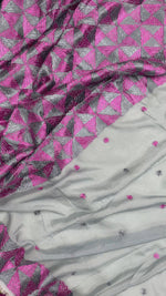 The Amritsar Store Phulkari Saree Hand Embroidered in Multicolor Thread on Grey Chinnon Chiffon