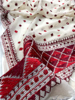 Hand embroidered off white Phulkari dupatta with red floral Punjabi embroidery by The Amritsar Store