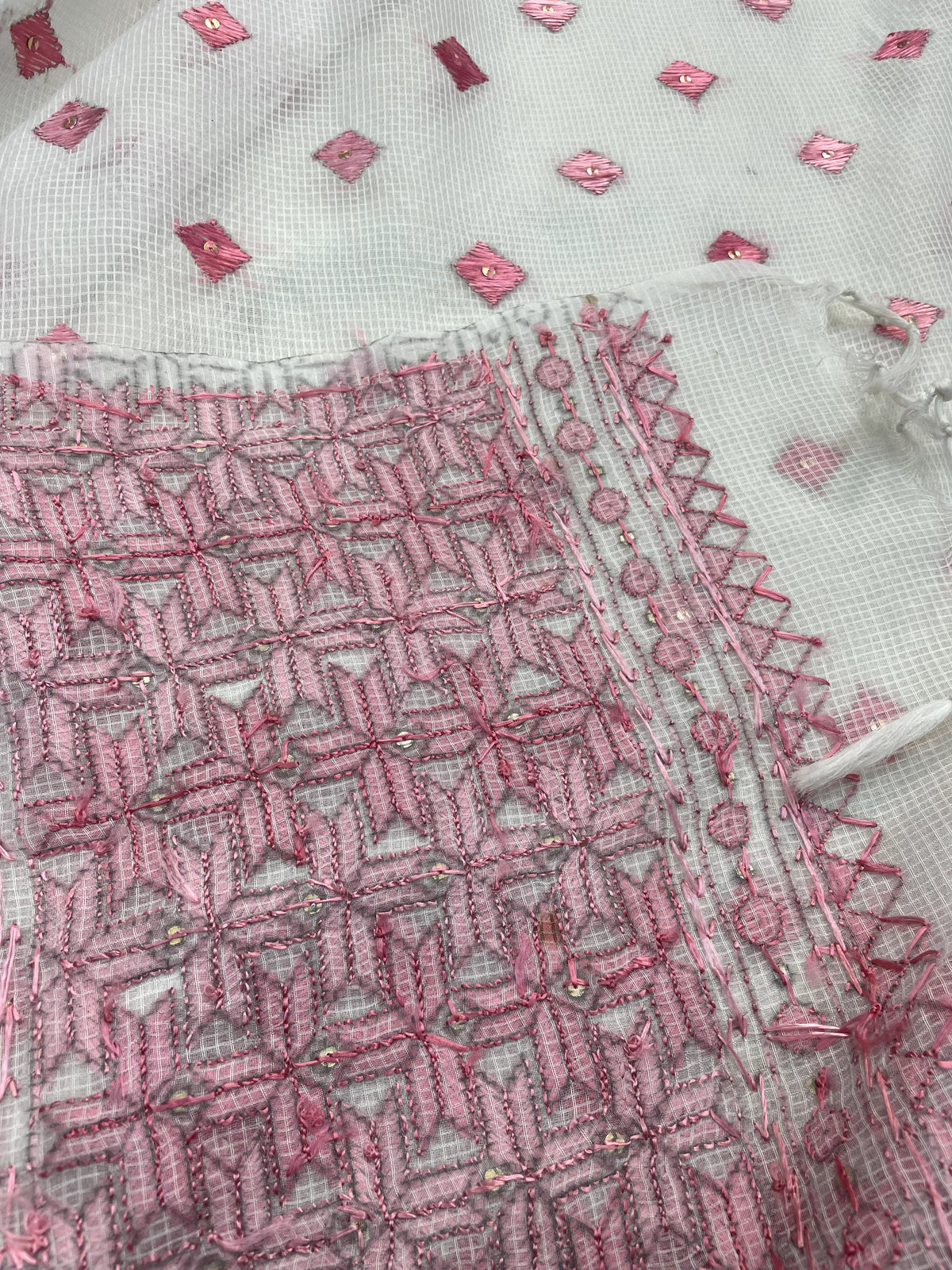 Hand embroidered white & pink Phulkari dupatta for women in soft traditional Punjabi ethnic style.