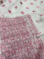 Hand embroidered white & pink Phulkari dupatta for women in soft traditional Punjabi ethnic style.