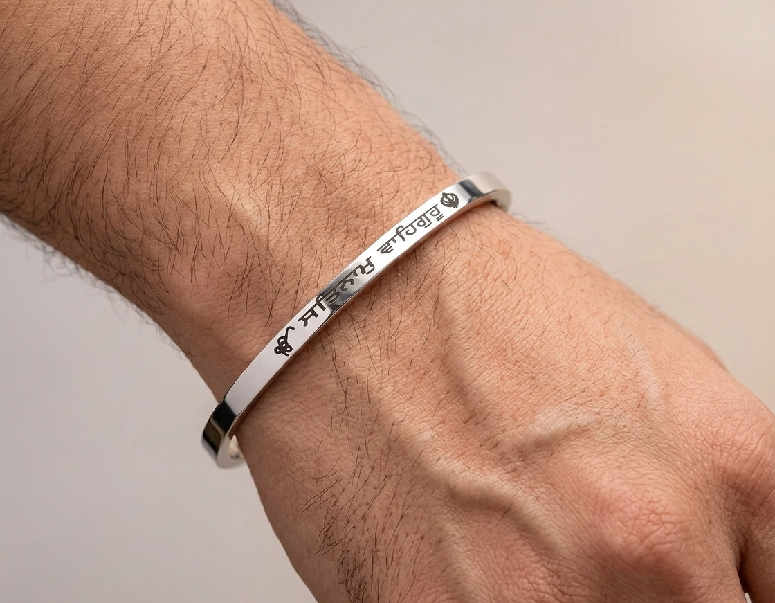 Punjabi men’s Kada with “Satnam Waheguru” laser marking, 0.2 inch thick stainless steel Sikh bangle by The Amritsar Store