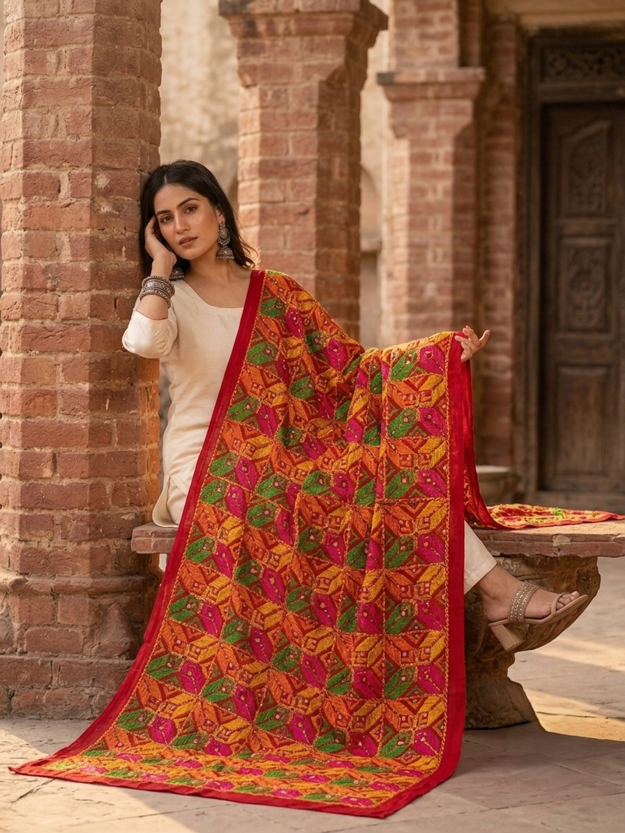 Hand embroidered Phulkari Bagh mirror work dupatta for women by The Amritsar Store featuring traditional Punjabi embroidery and mirror detailing