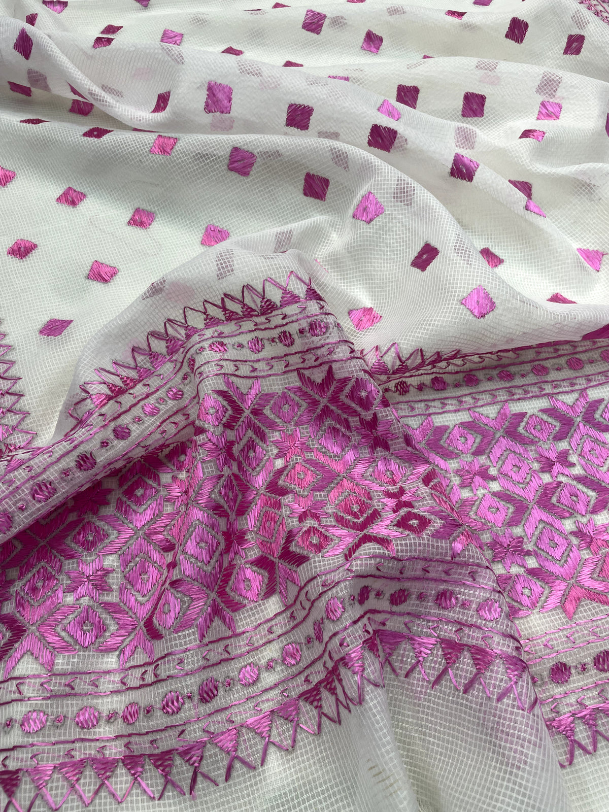 Hand embroidered Phulkari dupatta in off white with pink threadwork and traditional Punjabi design