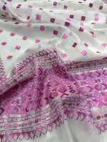 Hand embroidered Phulkari dupatta in off white with pink threadwork and traditional Punjabi design