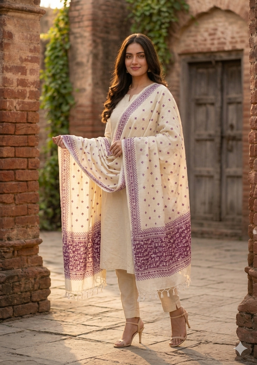 “Off white and purple handmade Phulkari dupatta for women by The Amritsar Store.”