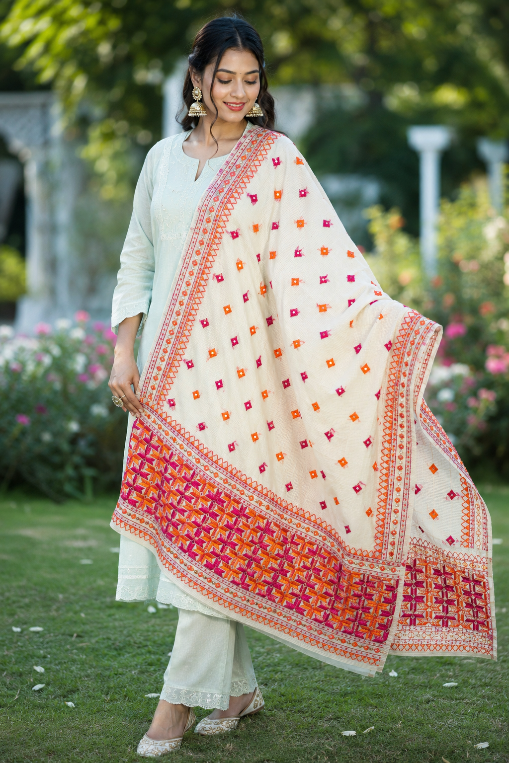 Orange and pink hand embroidered Phulkari dupatta for women with traditional Punjabi floral embroidery, lightweight ethnic festive wear by