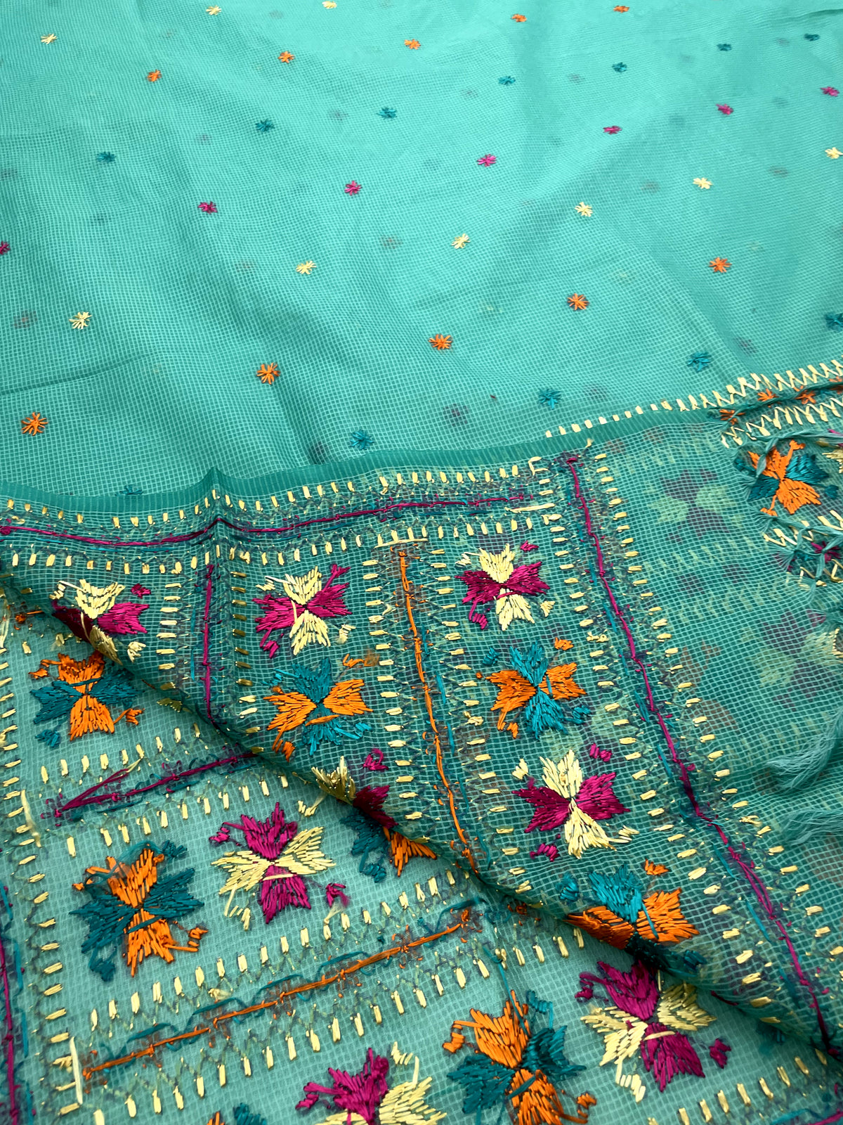 Hand embroidered Phulkari Dupatta for women in traditional Punjabi ethnic style by