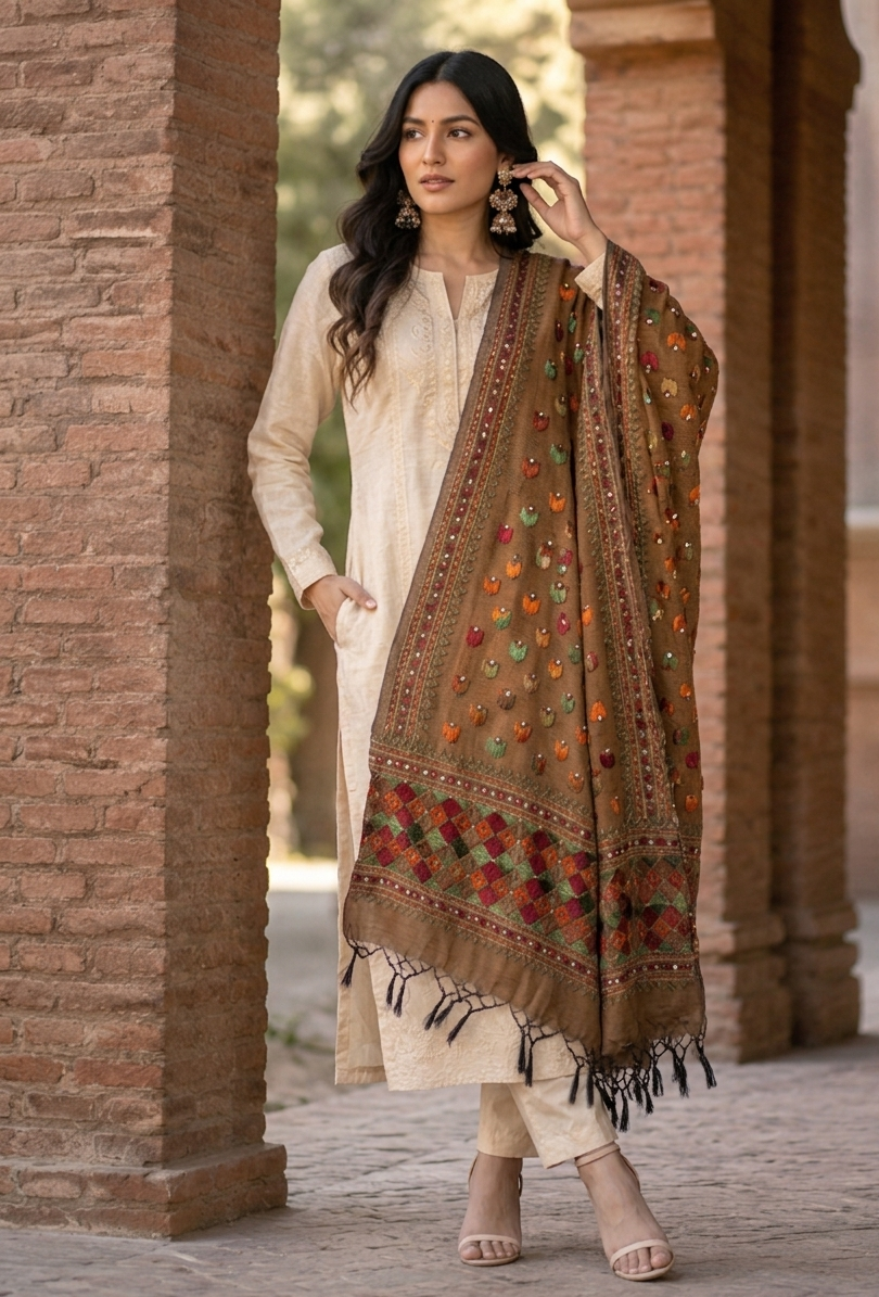 Hand embroidered Phulkari dupatta for women with traditional Punjabi embroidery by