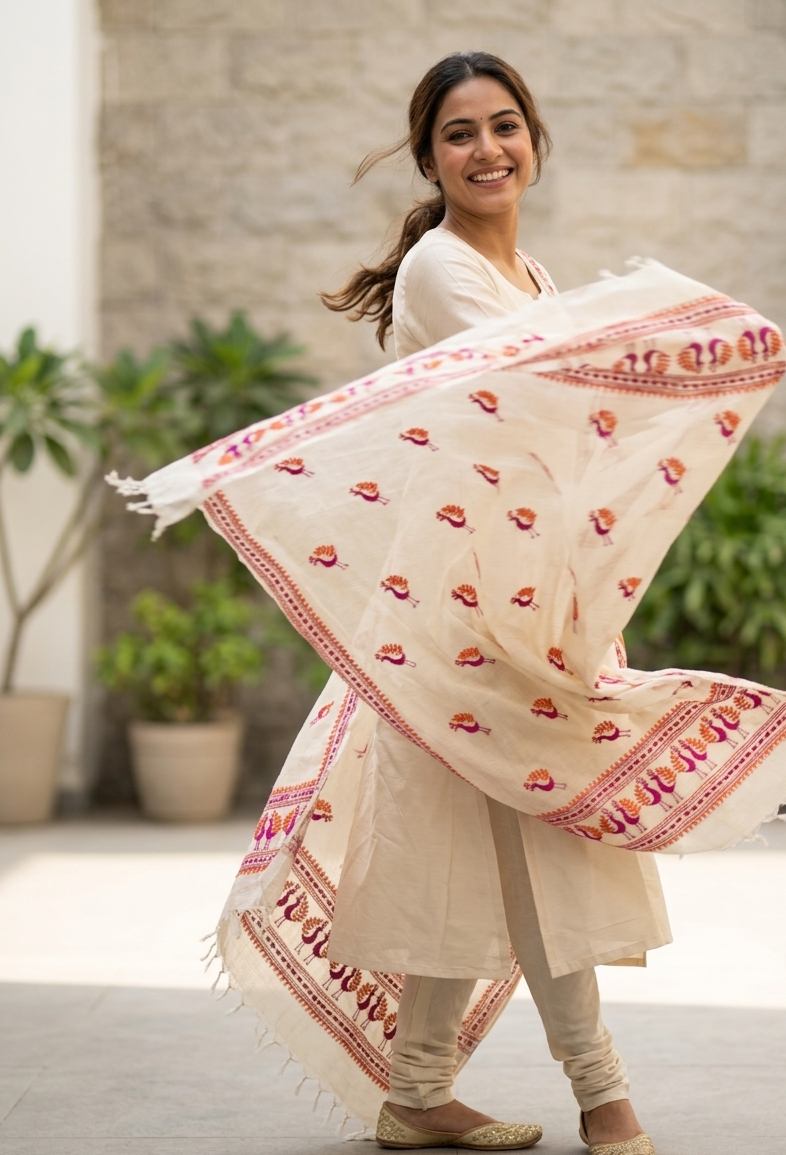 Off White Kota Doria Phulkari Dupatta for Women with Hand Embroidered Traditional Punjabi Floral Design