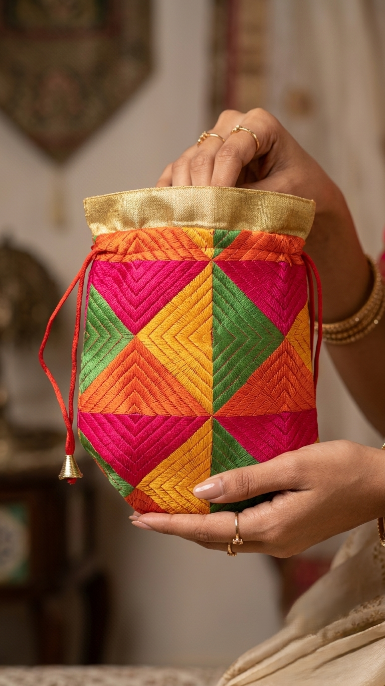 Multicolor Phulkari embroidered potli bag for women