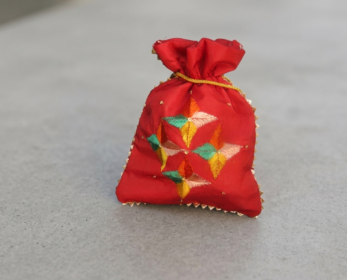 The Amritsar Store Phulkari Embroidered Red Potli Bag