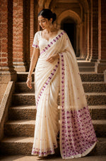 Hand embroidered off white Punjabi Phulkari saree with traditional multicolor Phulkari embroidery