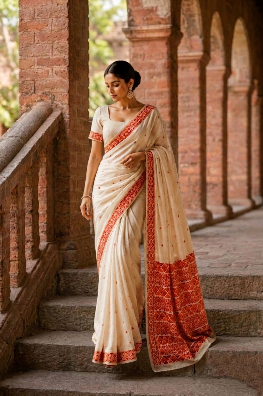 Hand embroidered off white Phulkari saree for women featuring traditional orange and maroon Punjabi embroidery motifs.