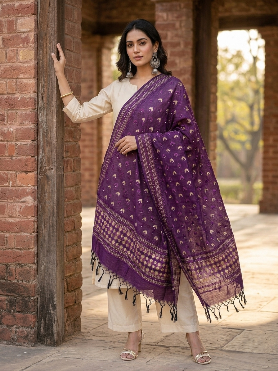 Hand embroidered purple Phulkari dupatta featuring traditional Punjabi embroidery and vibrant threadwork