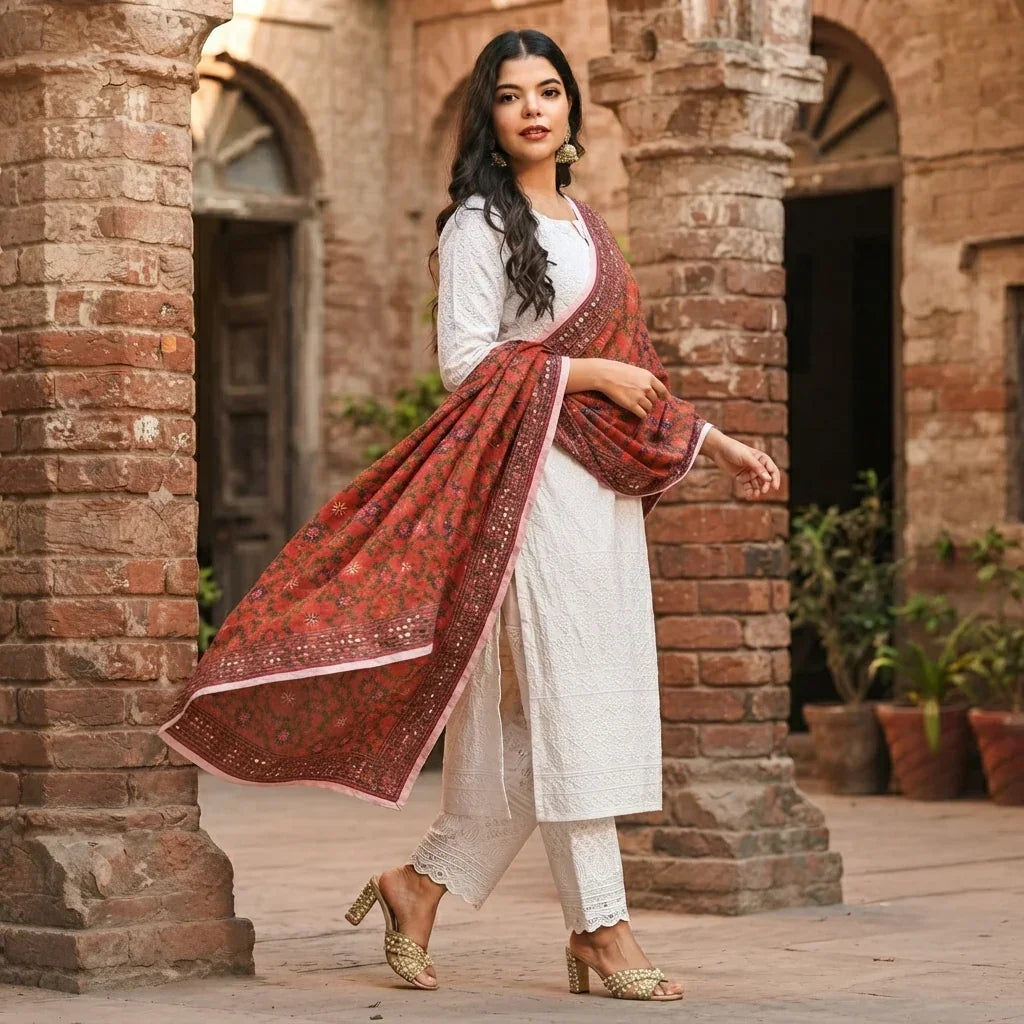 Phulkari Dupatta – Hand Embroidered Red Dupatta With Multicolor Embroidery| The Amritsar Store - The Amritsar Store
