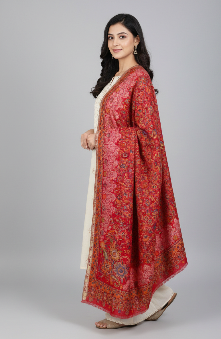 “The Amritsar Store Red Jaal Pattern Shawl with Intricate Floral Vine Weave – Premium Kashmiri Wool Wrap”