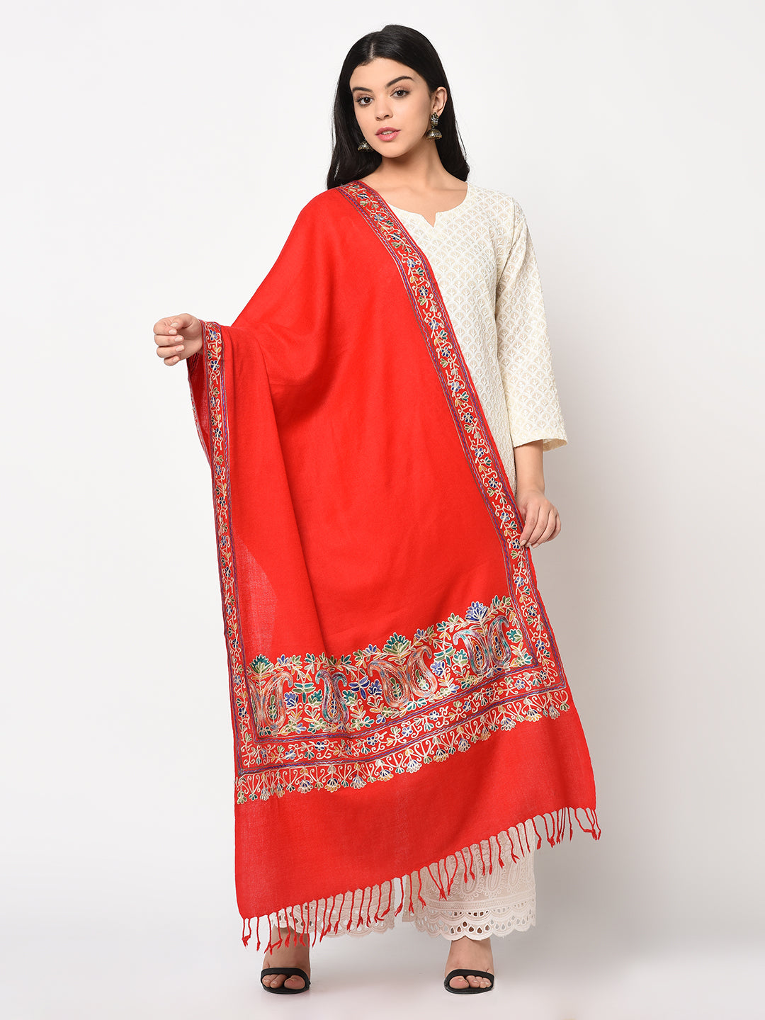 The Amritsar Store red Kashmiri embroidery pure wool handcrafted stole with four side border