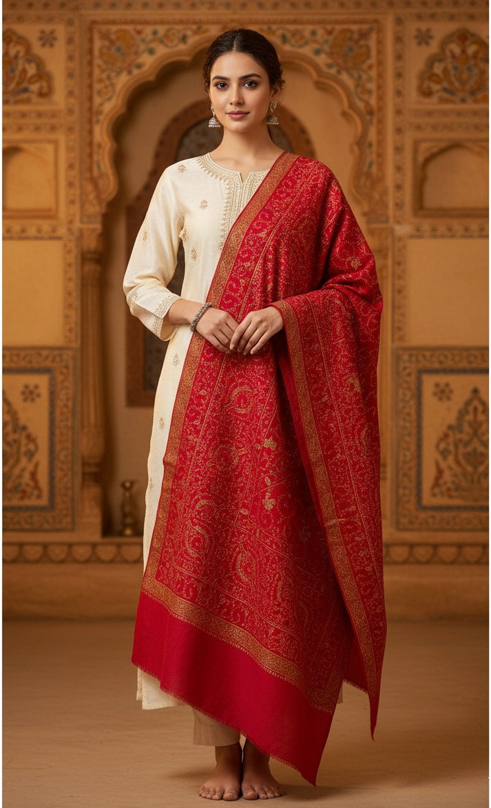 : The Amritsar Store Red Pashmina Shawl with Exquisite Hand Embroidery – Timeless Charm and Elegant Warmth