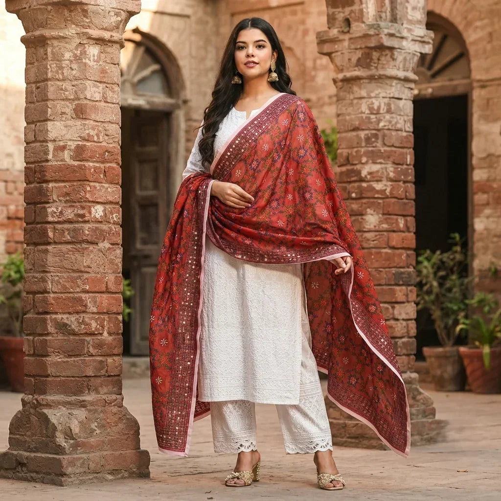 Phulkari Dupatta – Hand Embroidered Red Dupatta With Multicolor Embroidery| The Amritsar Store - The Amritsar Store