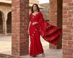 The Amritsar Store Phulkari Saree – Hand Embroidered Red Chinnon Chiffon, Traditional Punjabi Ethnic Attire