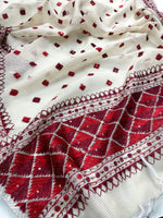 Hand embroidered off white Phulkari dupatta with red floral Punjabi embroidery by The Amritsar Store