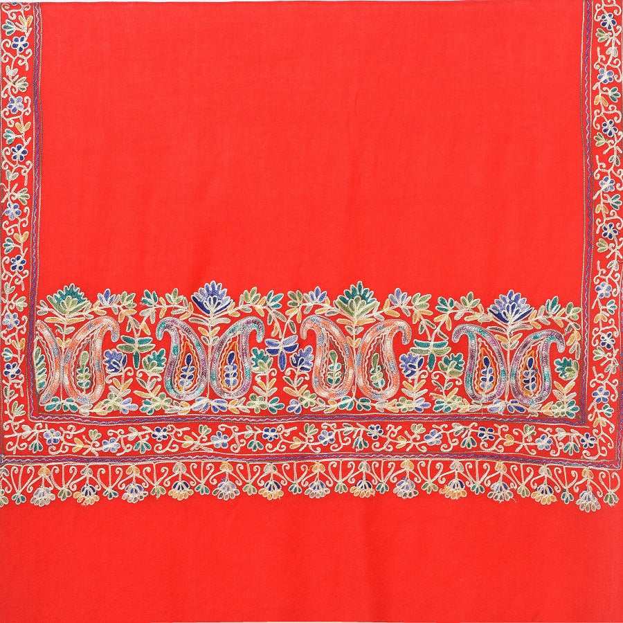 Red Four Side Border Kashmiri Embroidery Pure Wool Handcrafted Shawl - The Amritsar Store