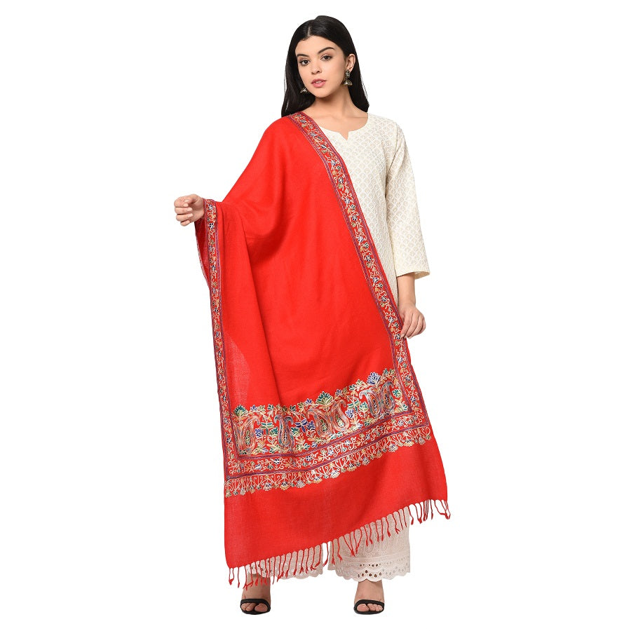 Red Four Side Border Kashmiri Embroidery Pure Wool Handcrafted Shawl - The Amritsar Store