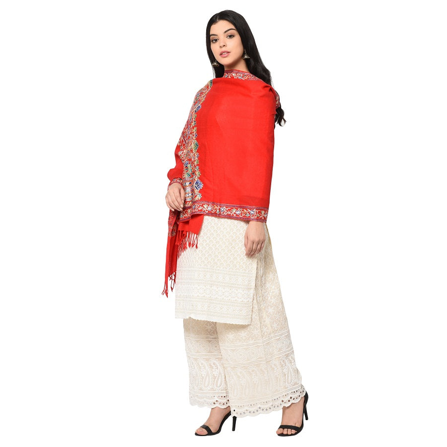 Red Four Side Border Kashmiri Embroidery Pure Wool Handcrafted Shawl - The Amritsar Store