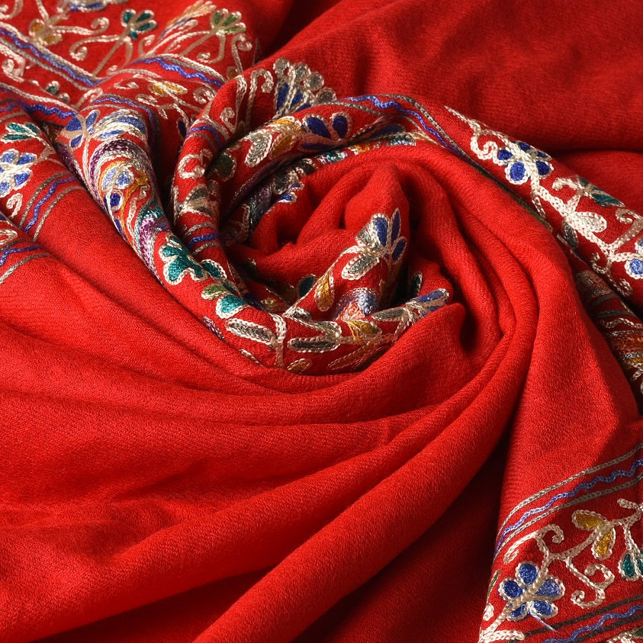 Red Four Side Border Kashmiri Embroidery Pure Wool Handcrafted Shawl - The Amritsar Store