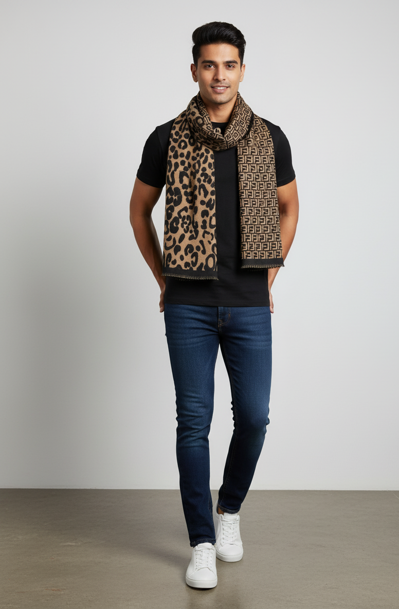 "Reversible Leopard Print and Fendi-Inspired Scarf, Stylish Unisex Fashion Wrap by The Amritsar Store"