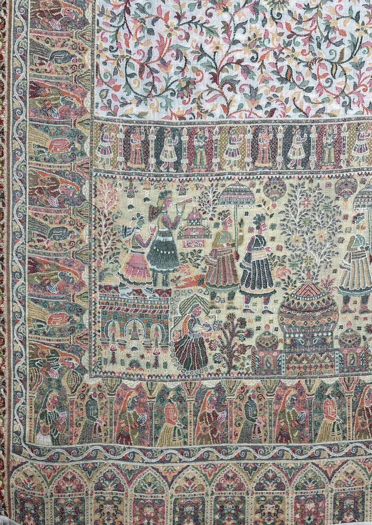 Royal Heritage stole by The Amritsar Store featuring intricate Mughal Darbar scenes with detailed floral jaal weave in rich traditional tones