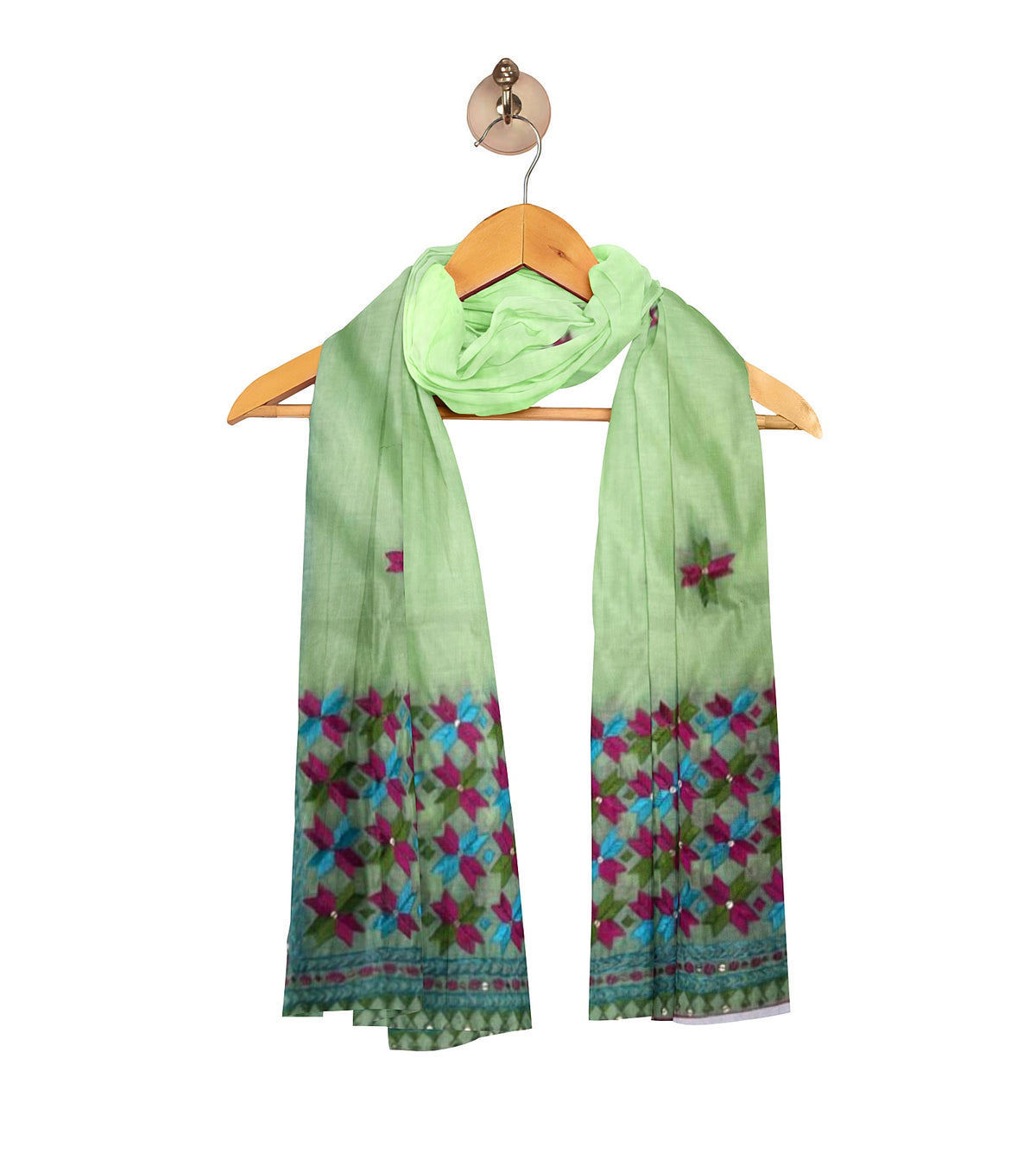 “Parrot Green Phulkari Dupatta with Hand Embroidered Magenta Thread – Traditional Punjabi Stole, Ethnic Indian Party Wear”