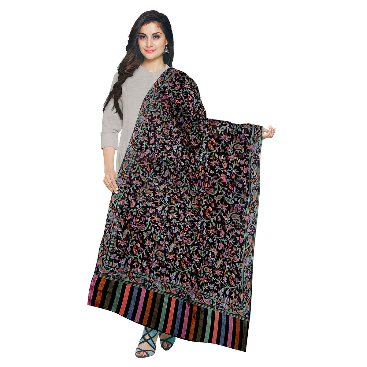 Classic Black Floral Kashmiri Shawl